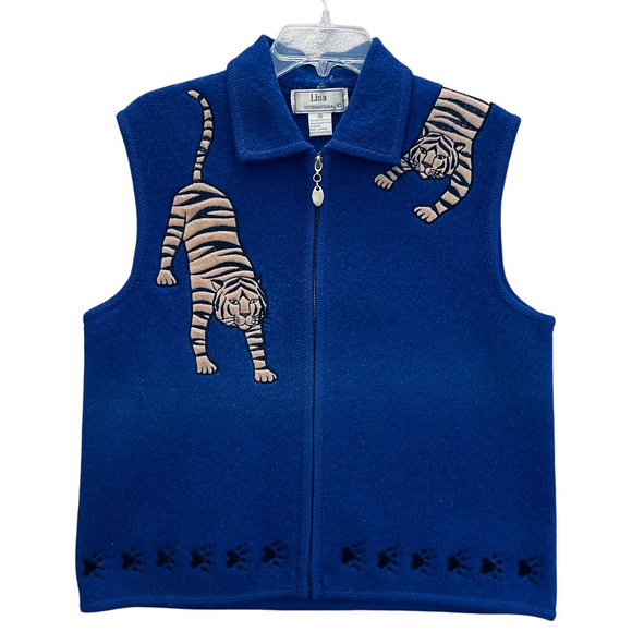 Vintage Lisa International 100% Wool Zip Front Women’s Blue Tiger Vest Size M - Picture 1 of 10